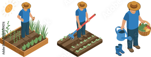 farmer working in vegetable garden, planting, cultivating soil, watering crops, harvesting produce, sustainable agriculture lifestyle illustration set