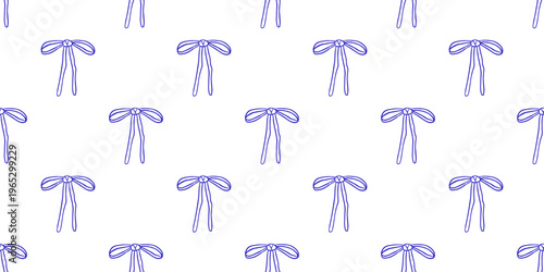 Vector seamless pattern with skinny hand drawn blue outline ribbon bow on white background. Cute minimal coquette bow print for modern fabric, gift wrapping paper, digital wallpaper and packaging.