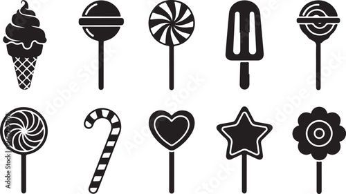 Black candy icons, sweet treats, dessert symbols, vector graphics isolated on Transparent Background
