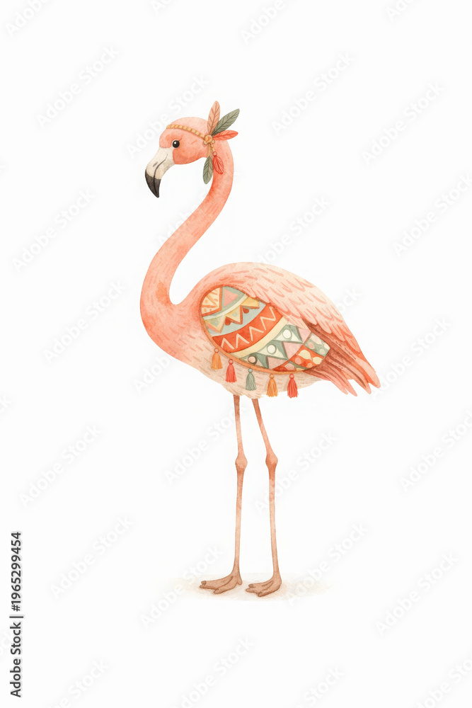 Fototapeta premium Pink flamingo bird illustration tribal pattern watercolor bohemian animal decorative calm graceful creature with ornate feather standing on white background looking serene and proud