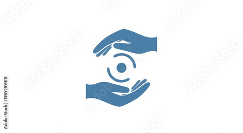 Two hands protecting a central circular graphic.