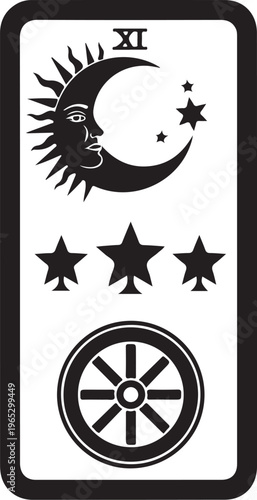 Tarot card, Major Arcana XI, Sun Moon Star Wheel symbolism, black vector icon