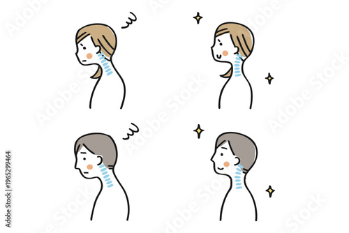 ストレートネックと正常な姿勢の比較イラスト　男女セット①