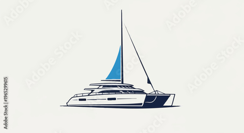 Stylized illustration of a modern white catamaran sailboat with blue sail