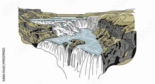 Stylized illustration of a multi-tiered waterfall cascading through rocky canyons