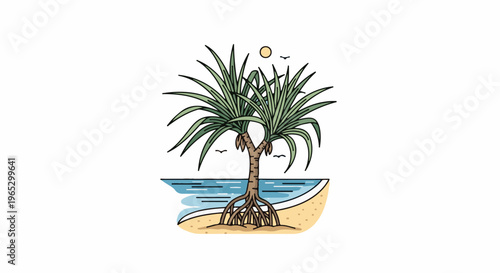 Stylized illustration of a palm-like tree on a sandy beach with ocean and sun