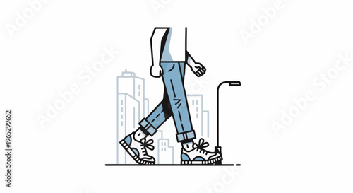Stylized illustration of a person walking in a city with buildings and a lamppost