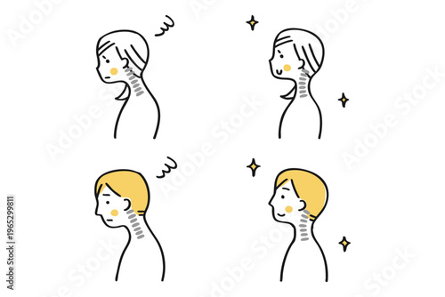 ストレートネックと正常な姿勢の比較イラスト　男女セット②