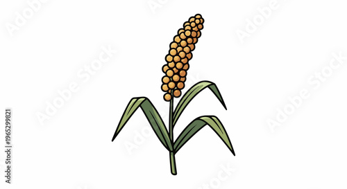 Stylized illustration of a single grain stalk with a tall, conical head of tiny, round, orange grains