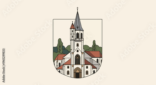 Stylized illustration of a tall church with a spire, set against trees