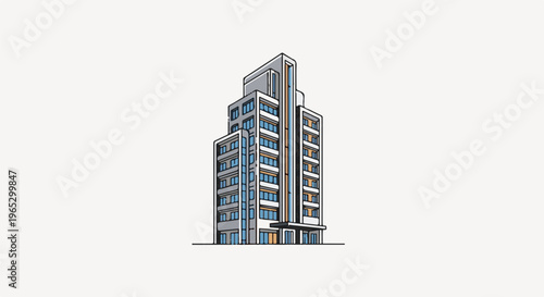 Stylized illustration of a tall, multi-story building with geometric design