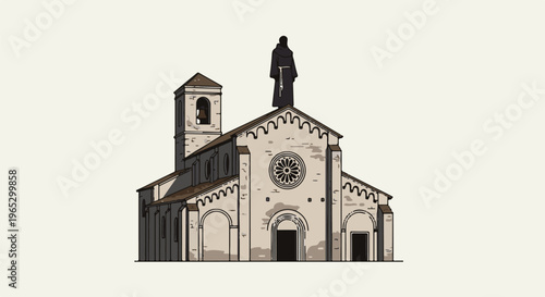 Stylized illustration of a stone church with a bell tower and monk statue