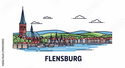 Stylized illustration of a waterfront cityscape with a church and sailboats