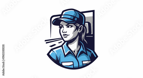 Stylized illustration of a woman in a blue uniform and cap, looking to the side