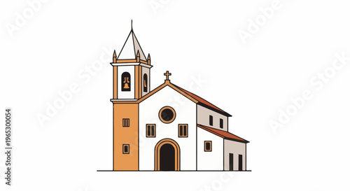 Stylized illustration of a white church with orange tower and red roof