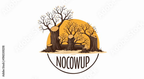 Stylized illustration of chopped trees and a sun
