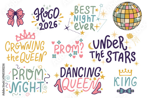 Homecoming 2026 vector lettering set, HOCO party graphic elements with disco ball, crown and bow. Hand drawn school dance typography, prom night celebration assets isolated on white.
