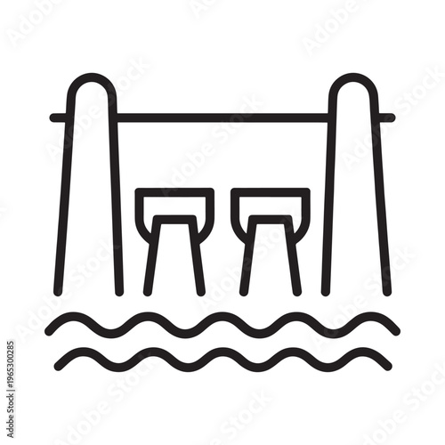 A simple line drawing depicts two bar stools at a waterfront bar