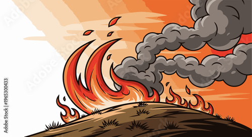 Stylized illustration of a destructive wildfire spreading across a dry, grassy hill