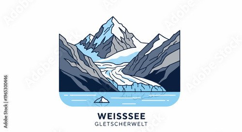Stylized illustration of a dramatic glacial landscape with snow-capped mountains