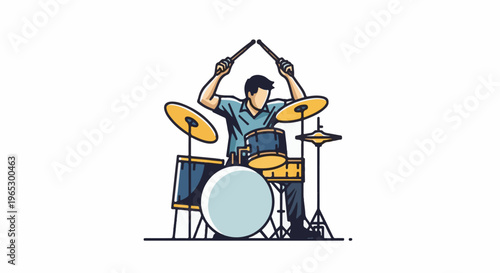 Stylized illustration of a drummer enthusiastically playing a drum set with drumsticks raised