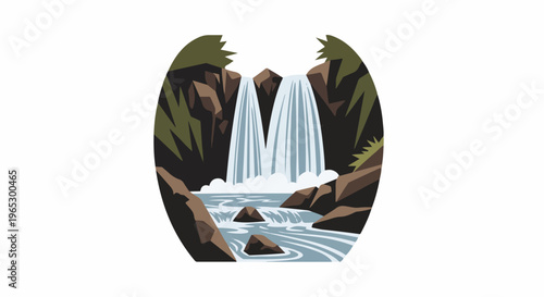 Stylized illustration of a dual waterfall cascading into a rocky stream surrounded by forest