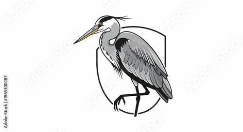Stylized illustration of a grey heron with long beak and yellow eye