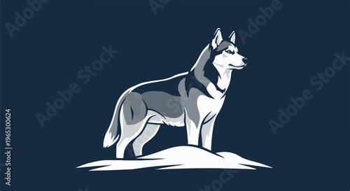 Stylized illustration of a husky dog standing on a snowy mound