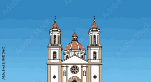 Stylized illustration of a grand church with twin bell towers and a central dome