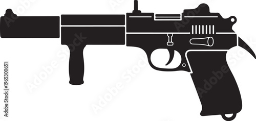 Black handgun, pistol silhouette, firearm icon, vector gun