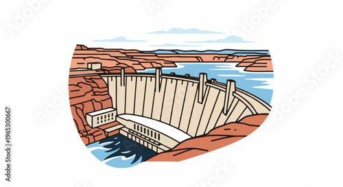 Stylized illustration of a large dam holding back a vast body of water