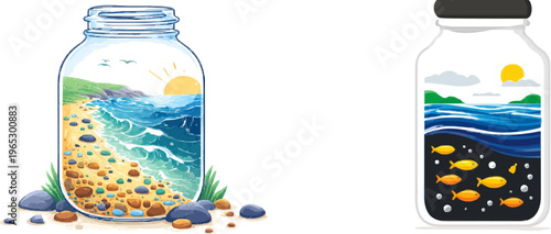 A glass jar filled with ocean water and microplastics symbolizes the encapsulation of our marine environments in a small container, highlighting the pervasive issue