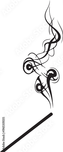 Black incense stick, smoke swirls, vector illustration, minimalist design