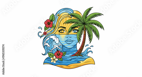 Stylized beach scene with woman's face, palm tree, and ocean waves