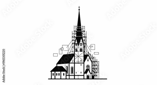 Stylized black and white architectural rendering of a church with scaffolding