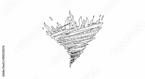 Stylized black and white drawing of a fiery tornado swirling upwards