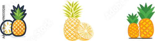 A minimalist 2D flat icon of a fresh pineapple fruit cut in half showcases detailed segmented flesh and skin texture with clean geometric shapes against a white background