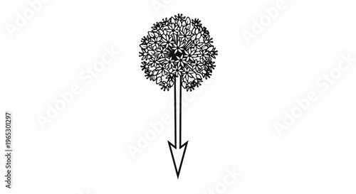 Stylized black and white drawing of a spherical flower with an arrow