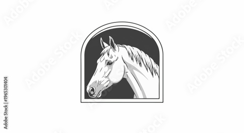 Stylized black and white horse head within an arched frame