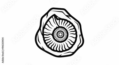 Stylized black and white illustration of a fossilized ammonite within a rock
