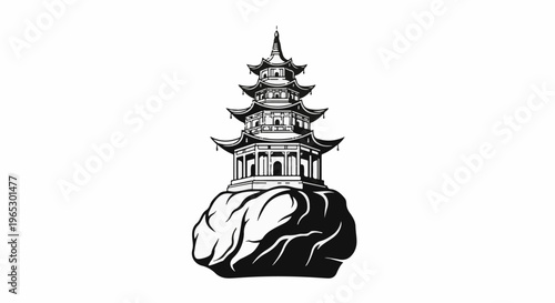Stylized black and white illustration of a tiered pagoda on a rocky base