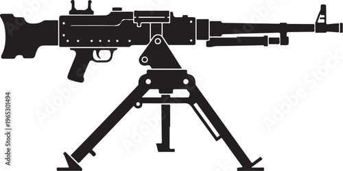 Machine gun, assault rifle, black silhouette, vector illustration, military weapon, gun on tripod stand