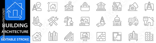 Building icons. Architecture icon set. Real estate. Editable stroke. Vector illustration