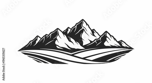 Stylized black and white mountain range with rolling hills
