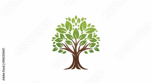 Stylized green leafy tree with brown trunk and branches on white background