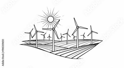 Stylized drawing of a wind farm under a bright sun, with fields