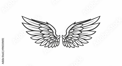 Stylized black and white sketch of symmetrical, feathery wings spread open
