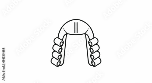 Stylized black and white outline of a judge's wig with curly sides