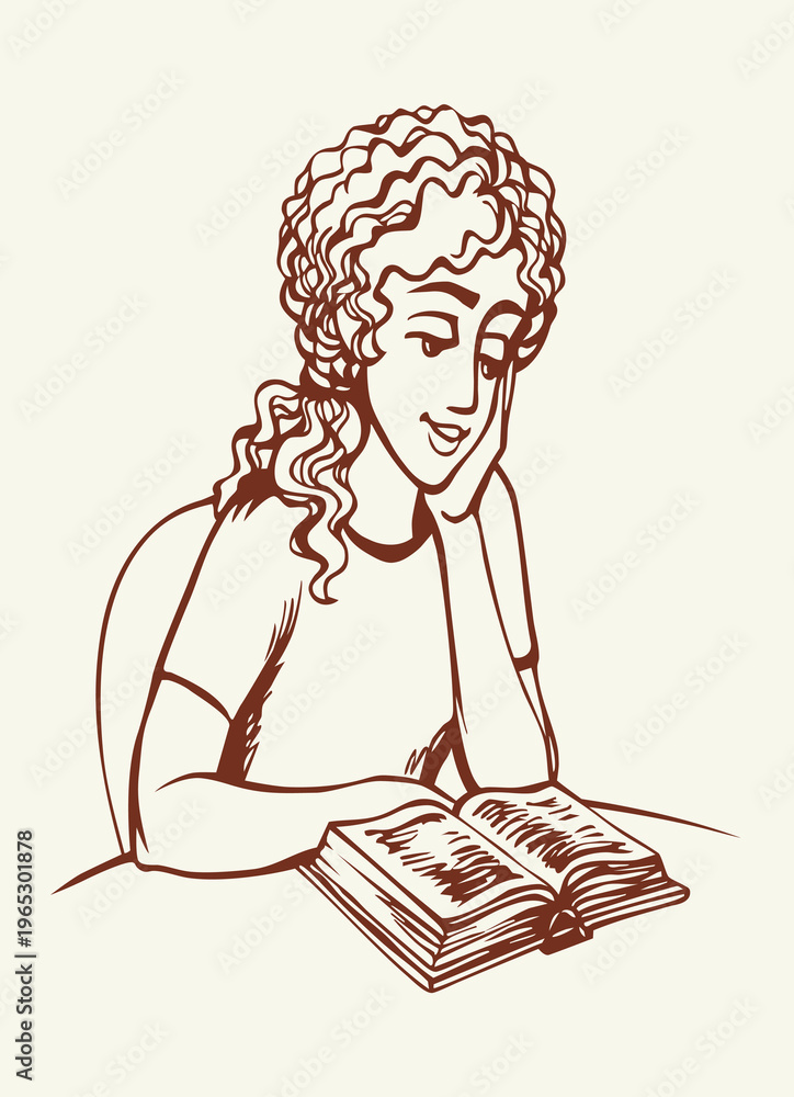 Obraz premium Vector drawing. Girl reading a book