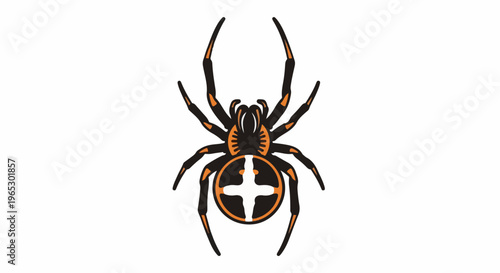 Stylized black spider with orange markings and a white cross on its abdomen